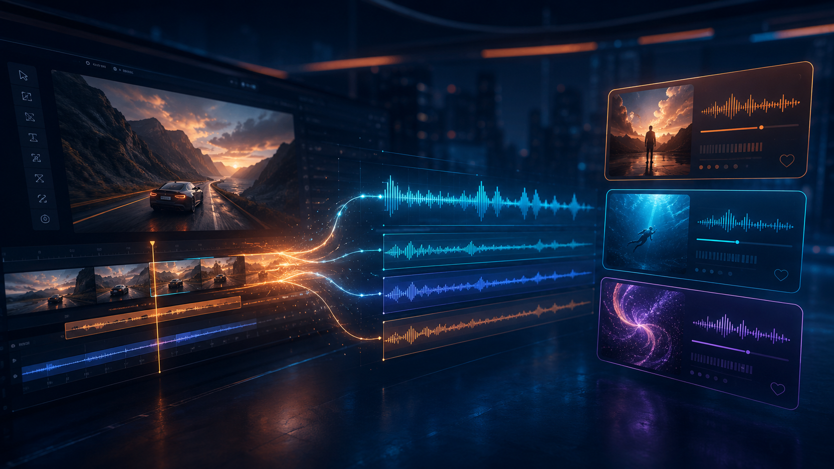 SyncForge video timeline transforming into audio waveforms and soundtrack match cards